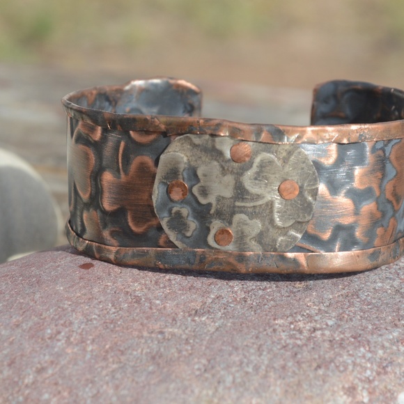 Mens Cuff Bracelet Copper Sterling Silver Clover - Picture 2 of 6